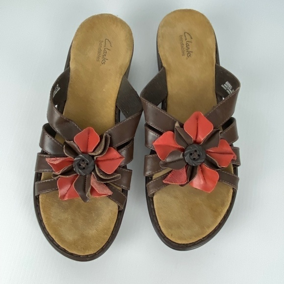 Clarks Bendables Lena Admire Sandals Slides Sz 11M Brown Leather Flower Detail - Picture 2 of 8